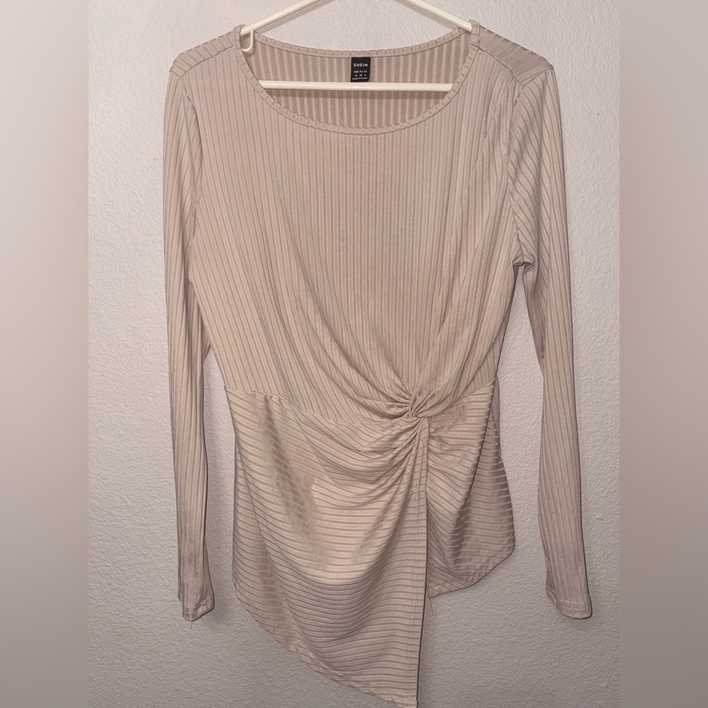 SHEIN Ribbed Twist Front Long Sleeve Top Taupe Asymmetrical Hem Size M